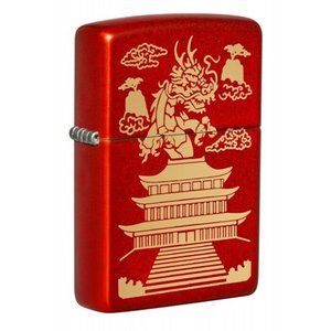 Chinese Temple Engraved Metallic Red Zippo Lighter